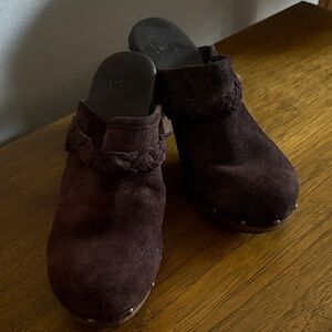 UGG Chocolate Suede Mules with Braided Accent